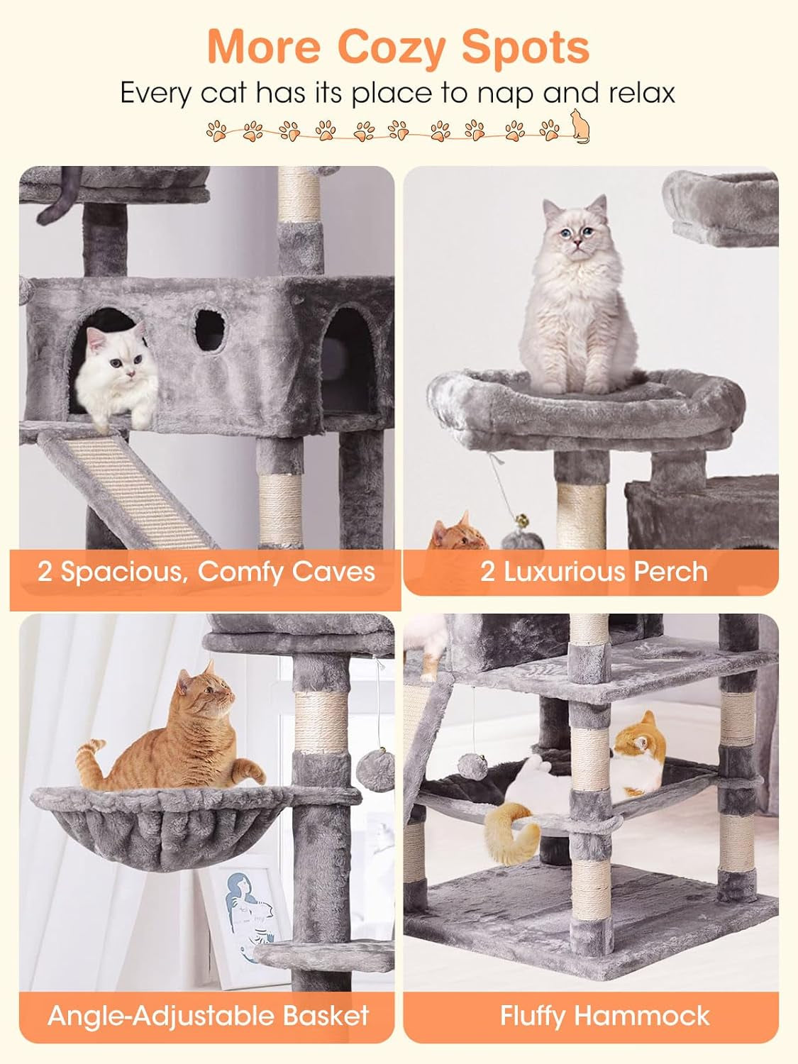 Multi-Level Cat Tree Tower 70.1 Inches with Scratching Posts, Condos, Ladders, Basket, Hammock, and Plush Perches for Kittens and Large Cats in Light Gray