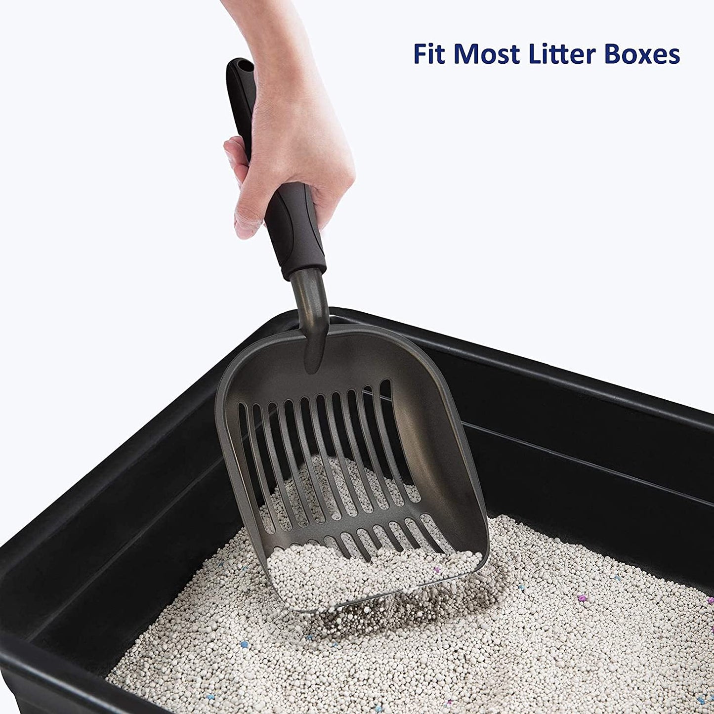 Professional Cat Litter Scoop, Non-Stick Aluminum Alloy Sifter with Deep Shovel and Long Handle, Durable Metal Design, Large Size, Black Coated Finish
