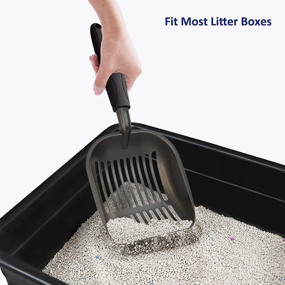 Professional Cat Litter Scoop, Non-Stick Aluminum Alloy Sifter with Deep Shovel and Long Handle, Durable Metal Design, Large Size, Black Coated Finish