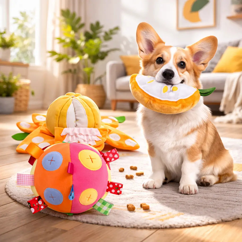 Dog Snuffle Treats Feeding Ball Toy for Slow Eating and Keep Busy, Interactive Puppy Cotton Fillings Ball Food Hidden Relieve Boredom Exercise Game IQ Training with Bell