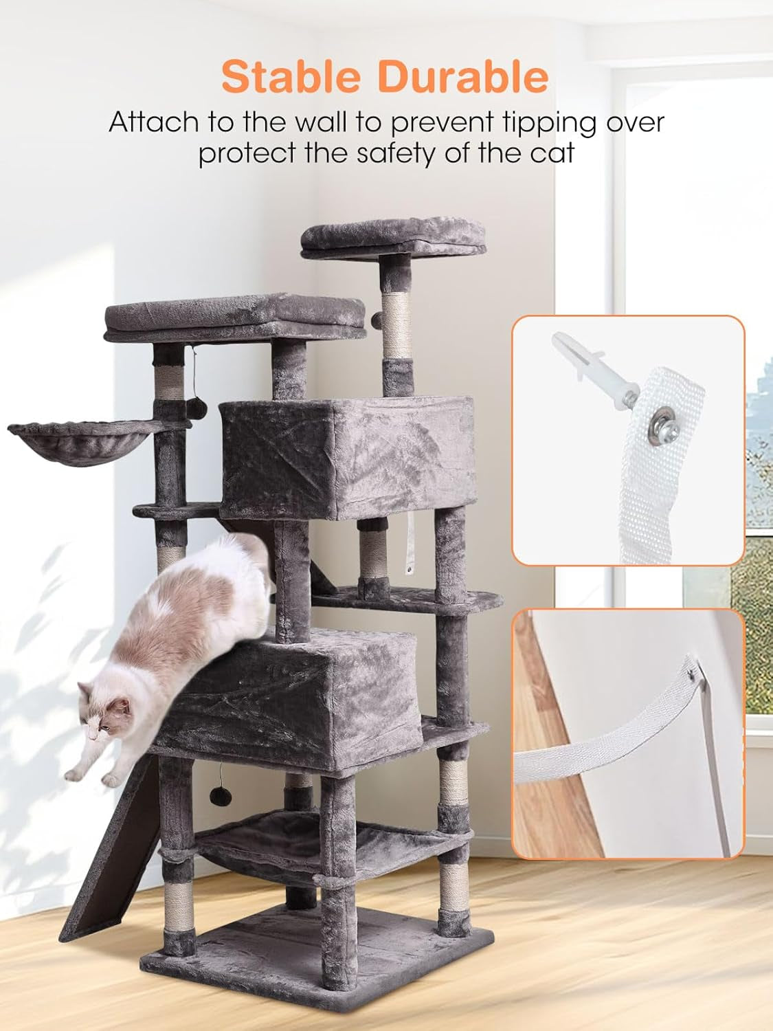 Multi-Level Cat Tree Tower 70.1 Inches with Scratching Posts, Condos, Ladders, Basket, Hammock, and Plush Perches for Kittens and Large Cats in Light Gray