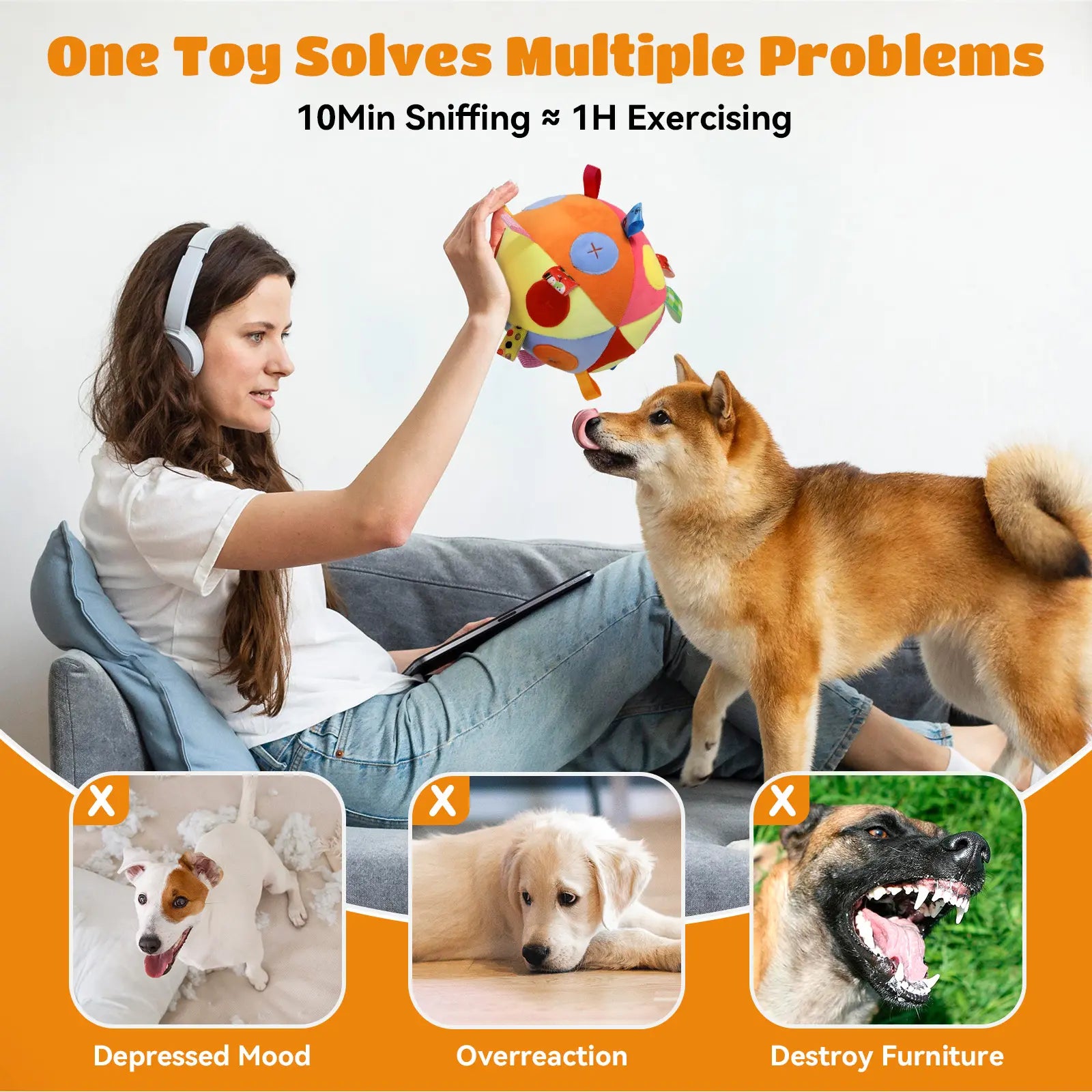 Dog Snuffle Treats Feeding Ball Toy for Slow Eating and Keep Busy, Interactive Puppy Cotton Fillings Ball Food Hidden Relieve Boredom Exercise Game IQ Training with Bell
