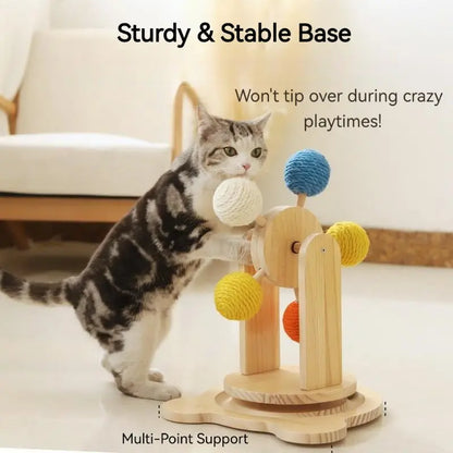 Interactive Cat Ferris Wheel Toy - Wooden Sisal Scratcher with Rolling Ball Track for Indoor Play and Furniture Protection
