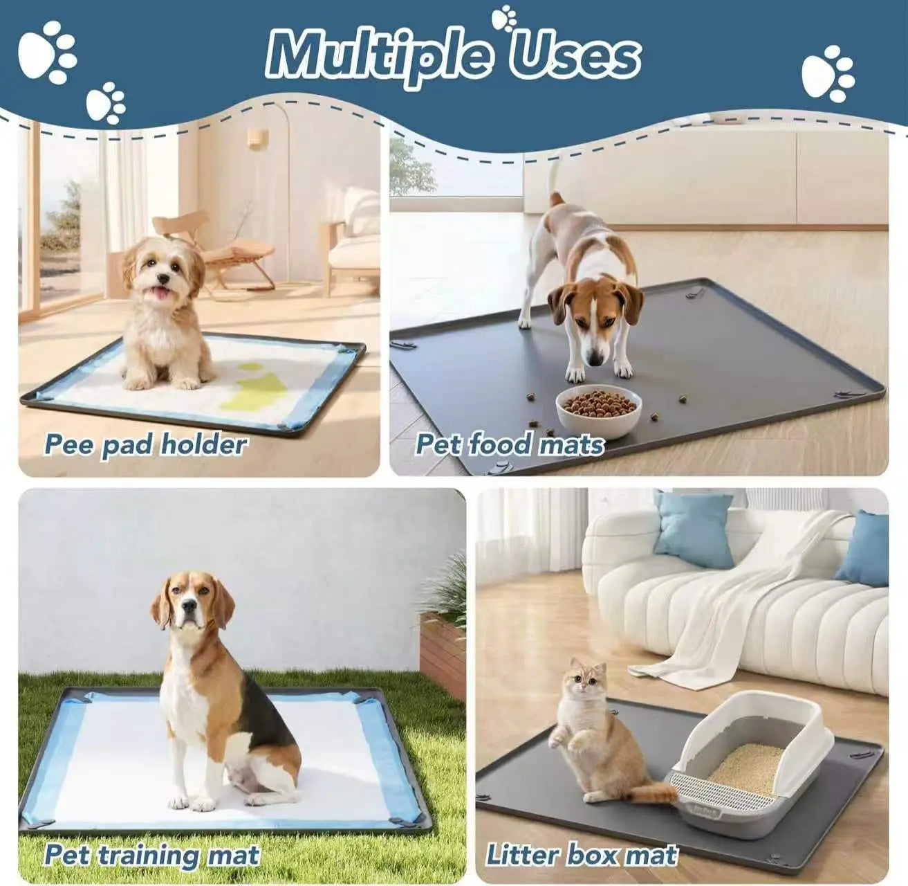 Dog Pee Pad Holder Tray for 36” X 25” with 4 Magnetic Clips Lock, Dog Training Floor Protection Trays with Non-Spill Raised Edges, Silicone Dog Potty Tray, Easy to Clean Puppy Pad Holder Tray, Puppy Potty Tray Holder for Indoor Floor Protection