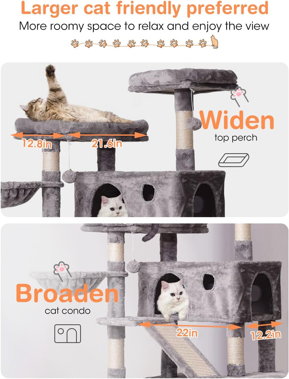Multi-Level Cat Tree Tower 70.1 Inches with Scratching Posts, Condos, Ladders, Basket, Hammock, and Plush Perches for Kittens and Large Cats in Light Gray