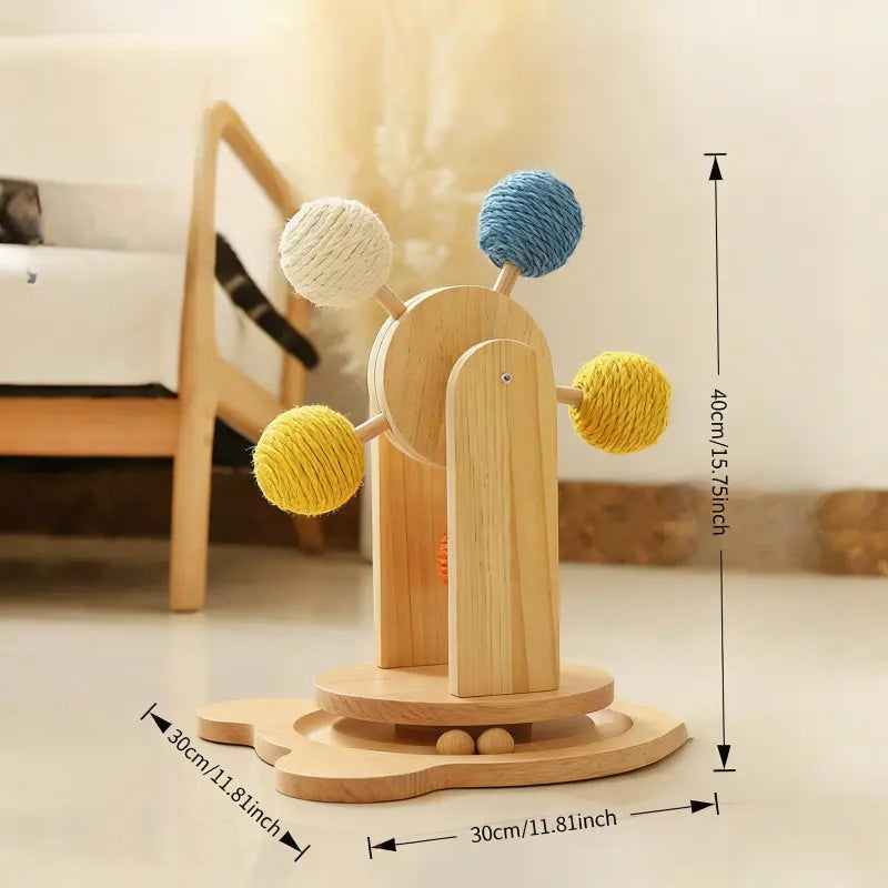 Interactive Cat Ferris Wheel Toy - Wooden Sisal Scratcher with Rolling Ball Track for Indoor Play and Furniture Protection