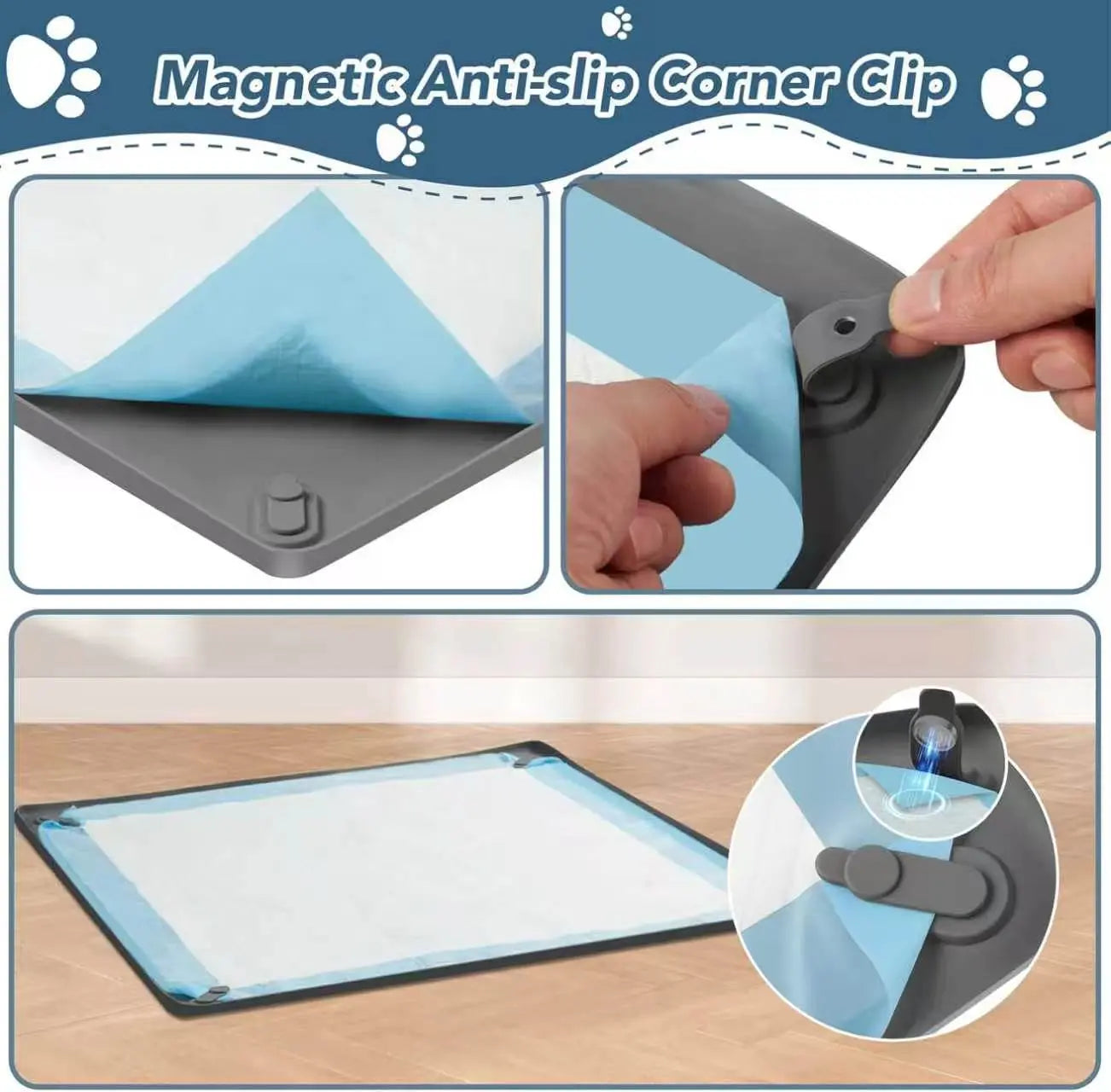 Dog Pee Pad Holder Tray for 36” X 25” with 4 Magnetic Clips Lock, Dog Training Floor Protection Trays with Non-Spill Raised Edges, Silicone Dog Potty Tray, Easy to Clean Puppy Pad Holder Tray, Puppy Potty Tray Holder for Indoor Floor Protection