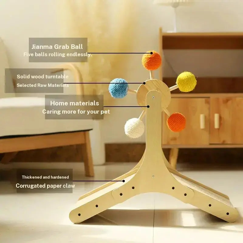 Interactive Cat Ferris Wheel Toy - Wooden Sisal Scratcher with Rolling Ball Track for Indoor Play and Furniture Protection