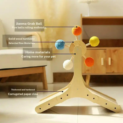 Interactive Cat Ferris Wheel Toy - Wooden Sisal Scratcher with Rolling Ball Track for Indoor Play and Furniture Protection