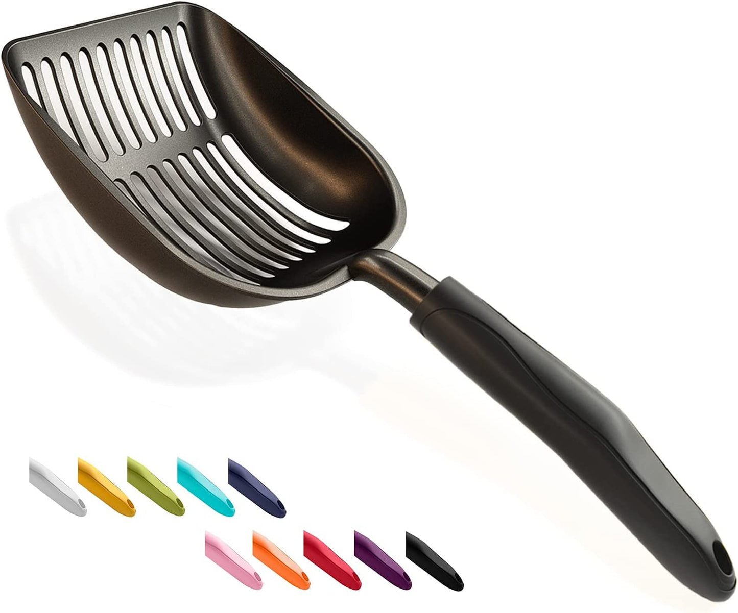 Professional Cat Litter Scoop, Non-Stick Aluminum Alloy Sifter with Deep Shovel and Long Handle, Durable Metal Design, Large Size, Black Coated Finish
