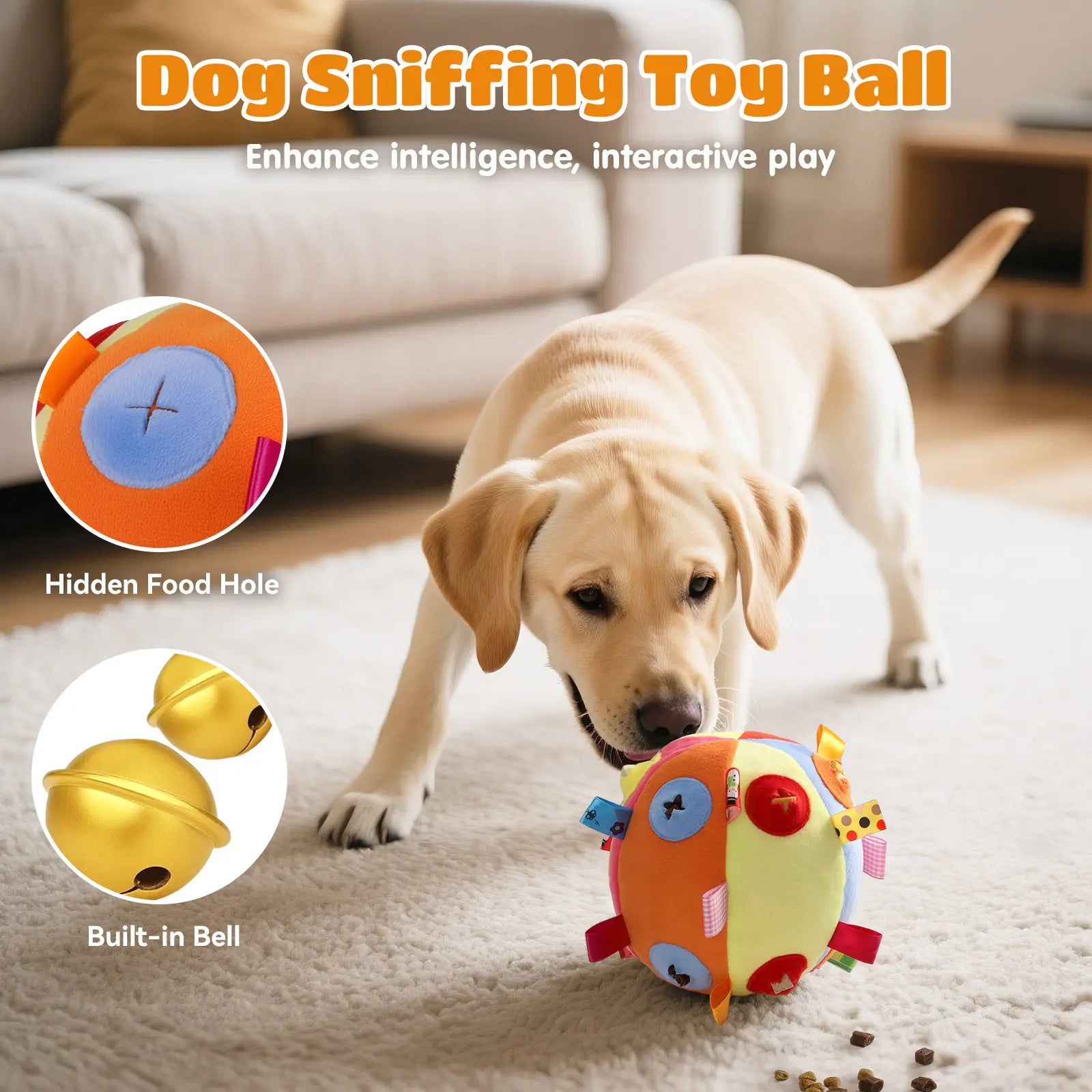 Dog Snuffle Treats Feeding Ball Toy for Slow Eating and Keep Busy, Interactive Puppy Cotton Fillings Ball Food Hidden Relieve Boredom Exercise Game IQ Training with Bell