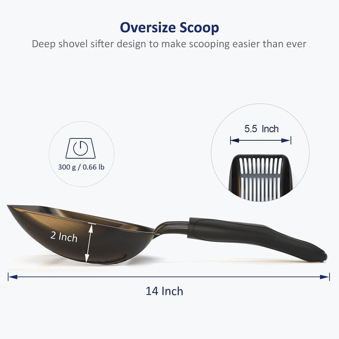 Professional Cat Litter Scoop, Non-Stick Aluminum Alloy Sifter with Deep Shovel and Long Handle, Durable Metal Design, Large Size, Black Coated Finish