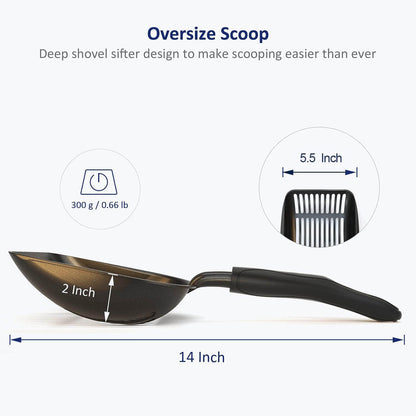 Professional Cat Litter Scoop, Non-Stick Aluminum Alloy Sifter with Deep Shovel and Long Handle, Durable Metal Design, Large Size, Black Coated Finish
