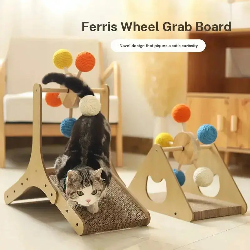 Interactive Cat Ferris Wheel Toy - Wooden Sisal Scratcher with Rolling Ball Track for Indoor Play and Furniture Protection