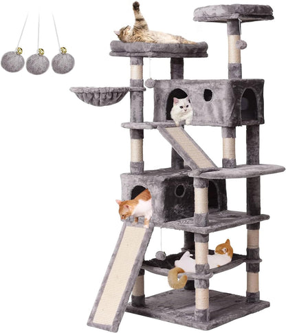 Multi-Level Cat Tree Tower 70.1 Inches with Scratching Posts, Condos, Ladders, Basket, Hammock, and Plush Perches for Kittens and Large Cats in Light Gray