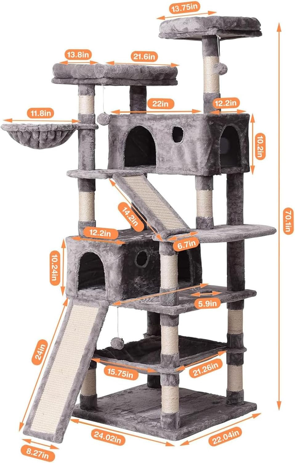 Multi-Level Cat Tree Tower 70.1 Inches with Scratching Posts, Condos, Ladders, Basket, Hammock, and Plush Perches for Kittens and Large Cats in Light Gray
