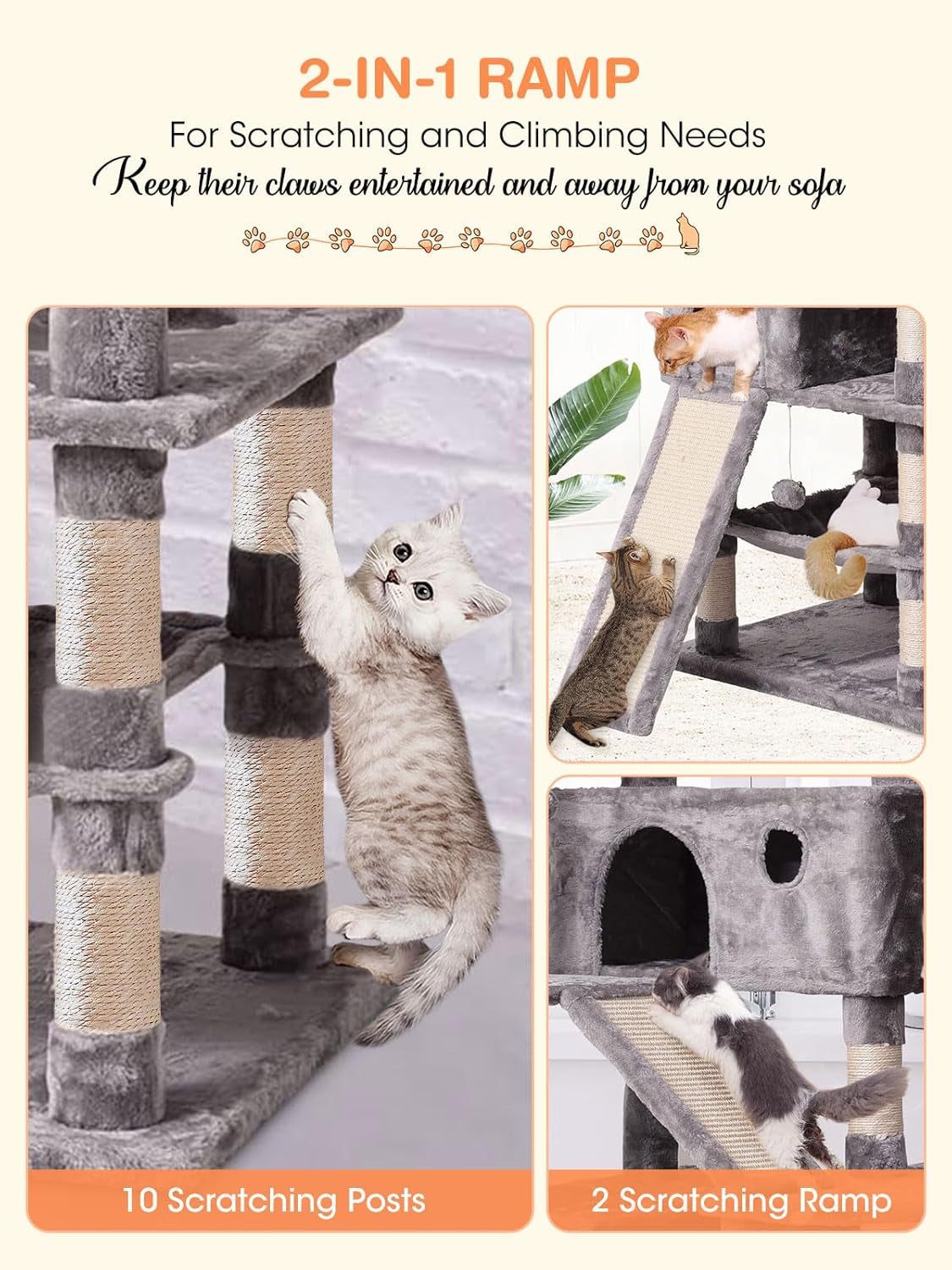 Multi-Level Cat Tree Tower 70.1 Inches with Scratching Posts, Condos, Ladders, Basket, Hammock, and Plush Perches for Kittens and Large Cats in Light Gray