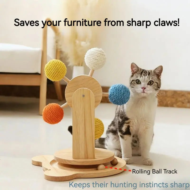 Interactive Cat Ferris Wheel Toy - Wooden Sisal Scratcher with Rolling Ball Track for Indoor Play and Furniture Protection
