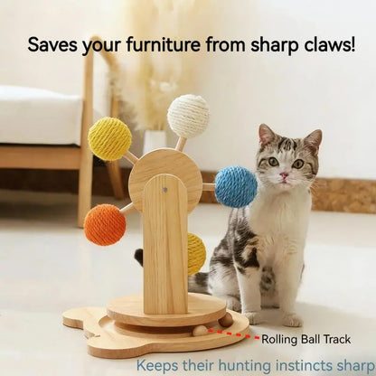 Interactive Cat Ferris Wheel Toy - Wooden Sisal Scratcher with Rolling Ball Track for Indoor Play and Furniture Protection