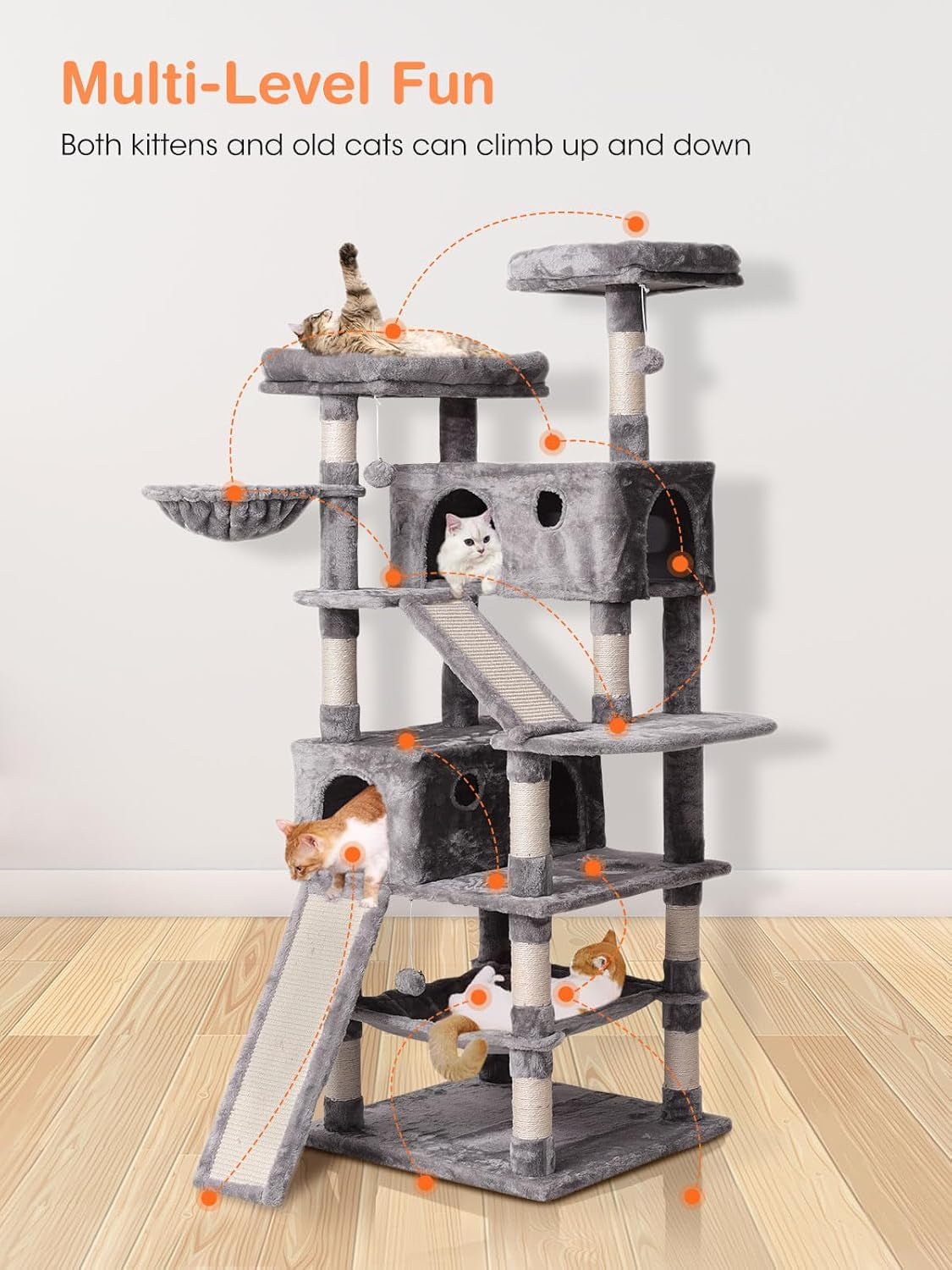 Multi-Level Cat Tree Tower 70.1 Inches with Scratching Posts, Condos, Ladders, Basket, Hammock, and Plush Perches for Kittens and Large Cats in Light Gray