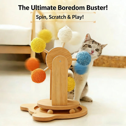 Interactive Cat Ferris Wheel Toy - Wooden Sisal Scratcher with Rolling Ball Track for Indoor Play and Furniture Protection