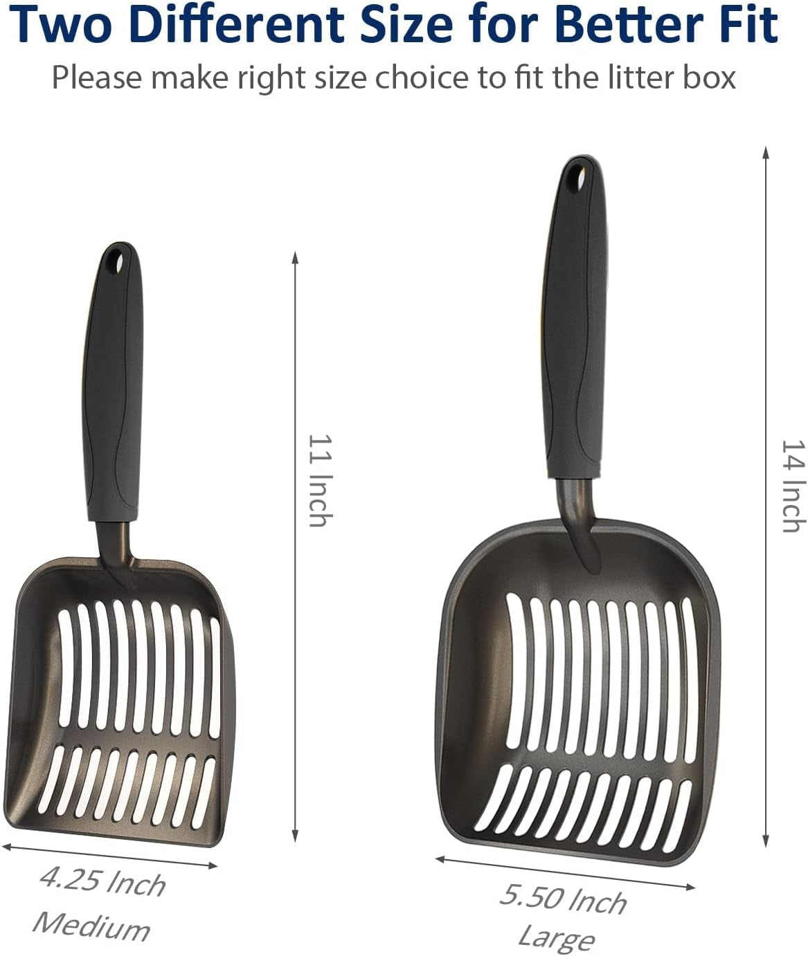 Professional Cat Litter Scoop, Non-Stick Aluminum Alloy Sifter with Deep Shovel and Long Handle, Durable Metal Design, Large Size, Black Coated Finish