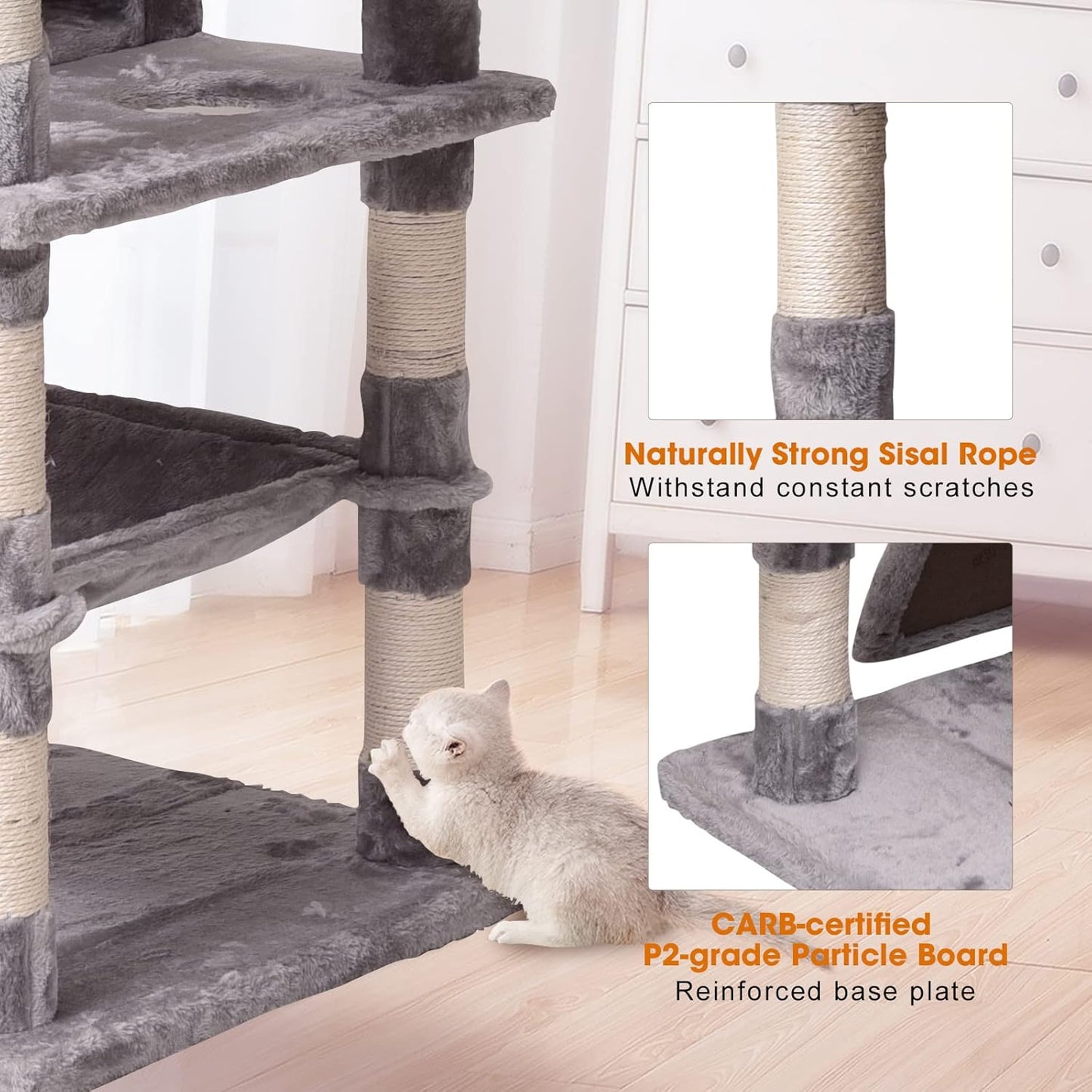 Multi-Level Cat Tree Tower 70.1 Inches with Scratching Posts, Condos, Ladders, Basket, Hammock, and Plush Perches for Kittens and Large Cats in Light Gray