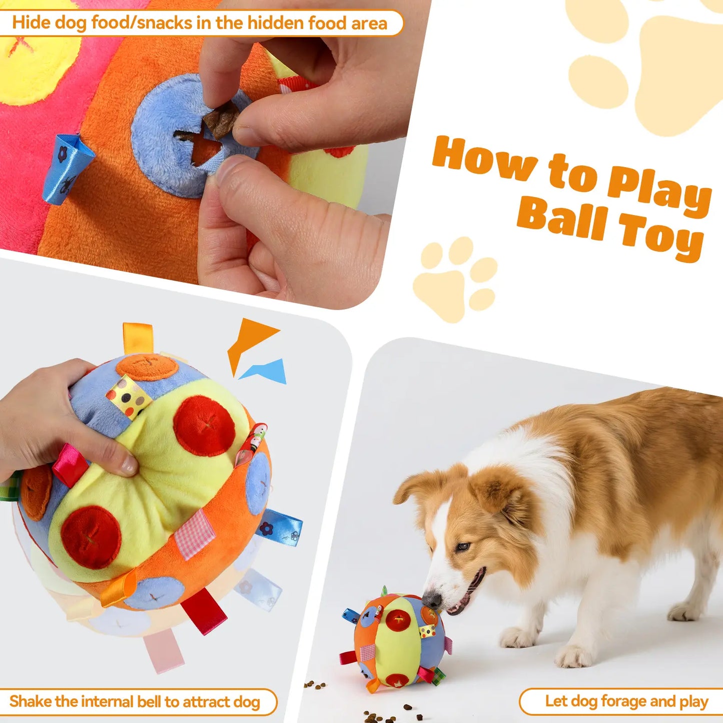 Dog Snuffle Treats Feeding Ball Toy for Slow Eating and Keep Busy, Interactive Puppy Cotton Fillings Ball Food Hidden Relieve Boredom Exercise Game IQ Training with Bell