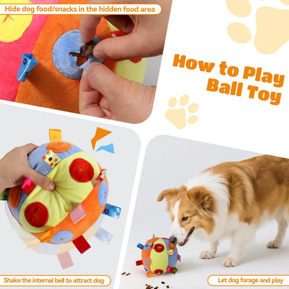 Dog Snuffle Treats Feeding Ball Toy for Slow Eating and Keep Busy, Interactive Puppy Cotton Fillings Ball Food Hidden Relieve Boredom Exercise Game IQ Training with Bell