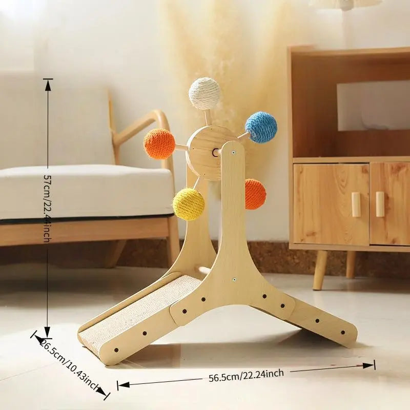 Interactive Cat Ferris Wheel Toy - Wooden Sisal Scratcher with Rolling Ball Track for Indoor Play and Furniture Protection